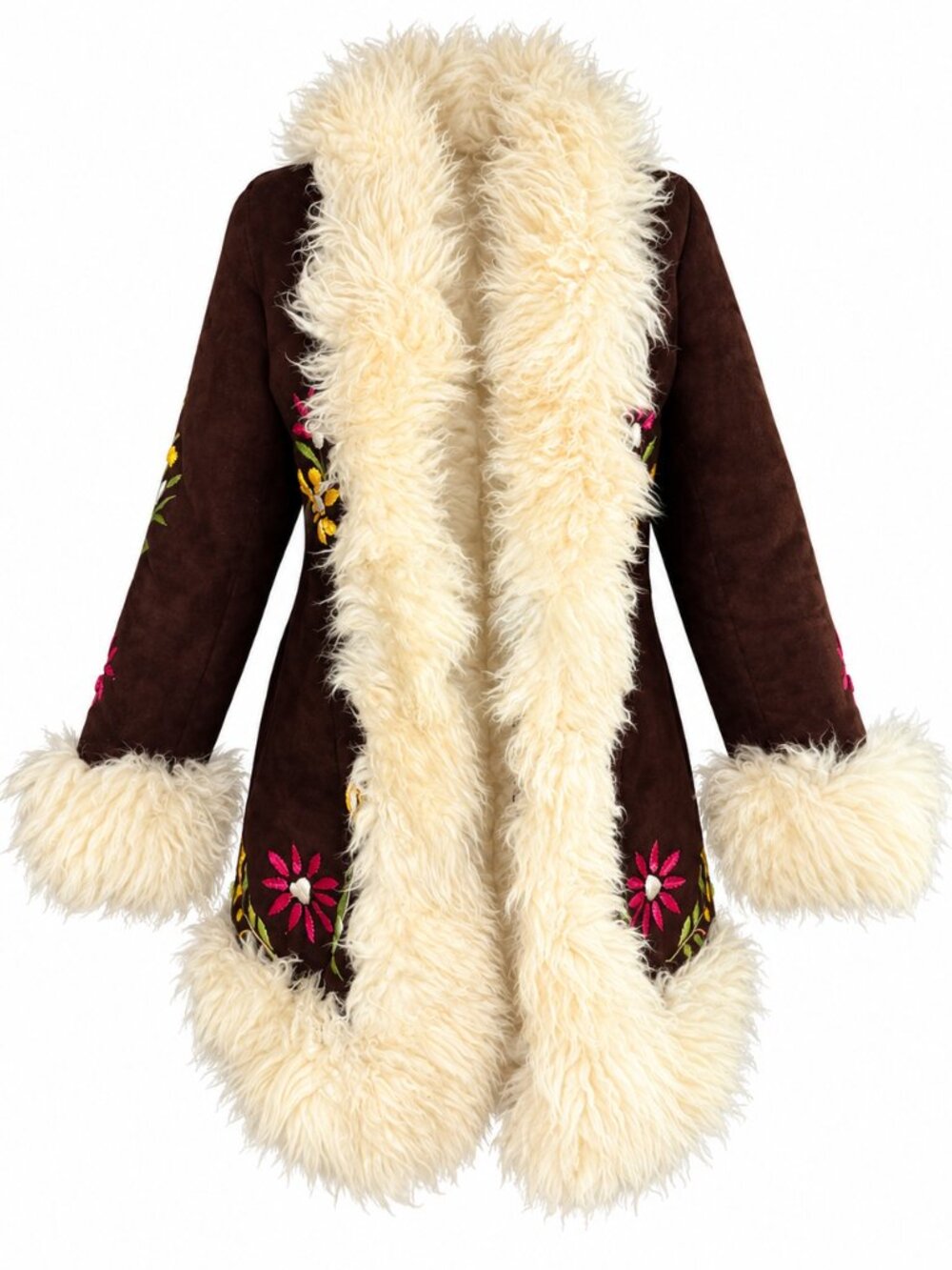 Afghan Penny Lane Coat Chocolate Brown Suede Shearling Fur Embroidered 70s Boho